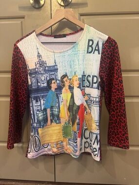 Vintage Paris Graphic Top with Red Leopard Print
